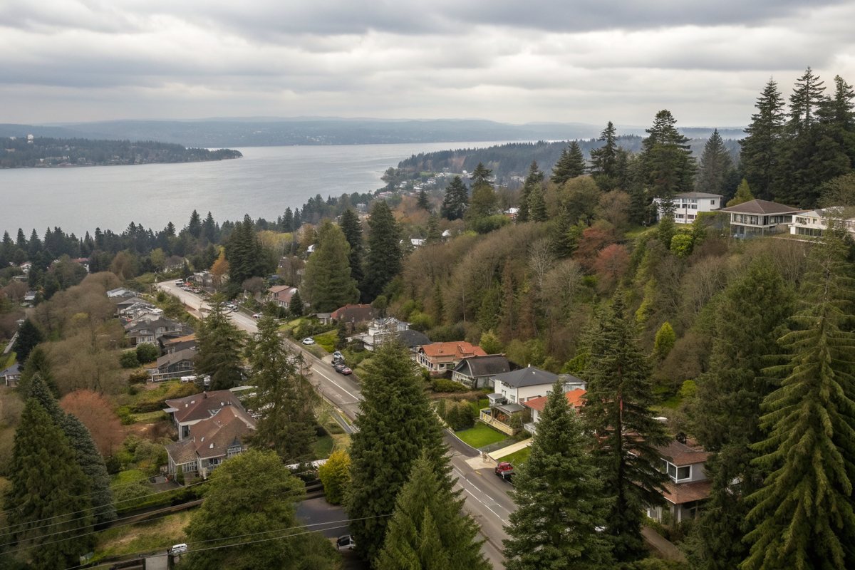 Aerial view of a hilly residential neighborhood with tall evergreens and a lake in the distance