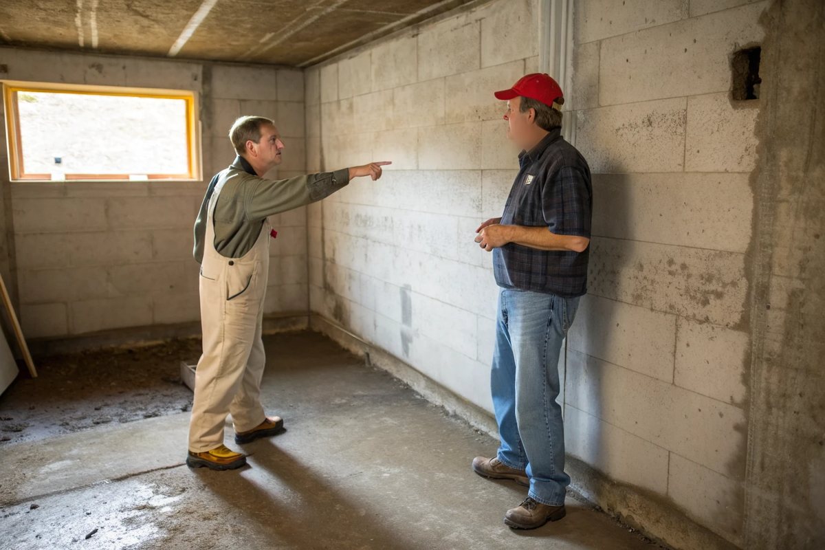 Two people looking at a damp foundation wall in an unfinished concrete basement