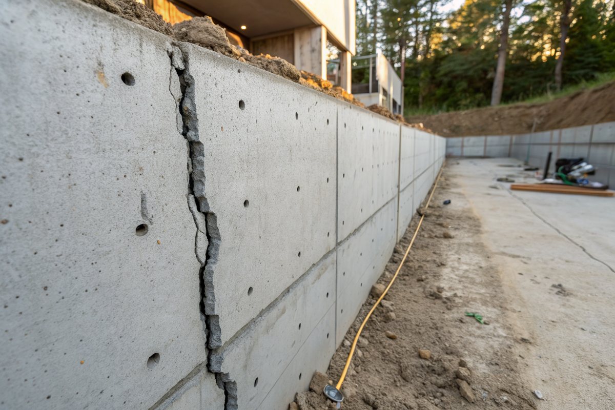 A long vertical crack in a poured concrete foundation wall with small holes drilled along it