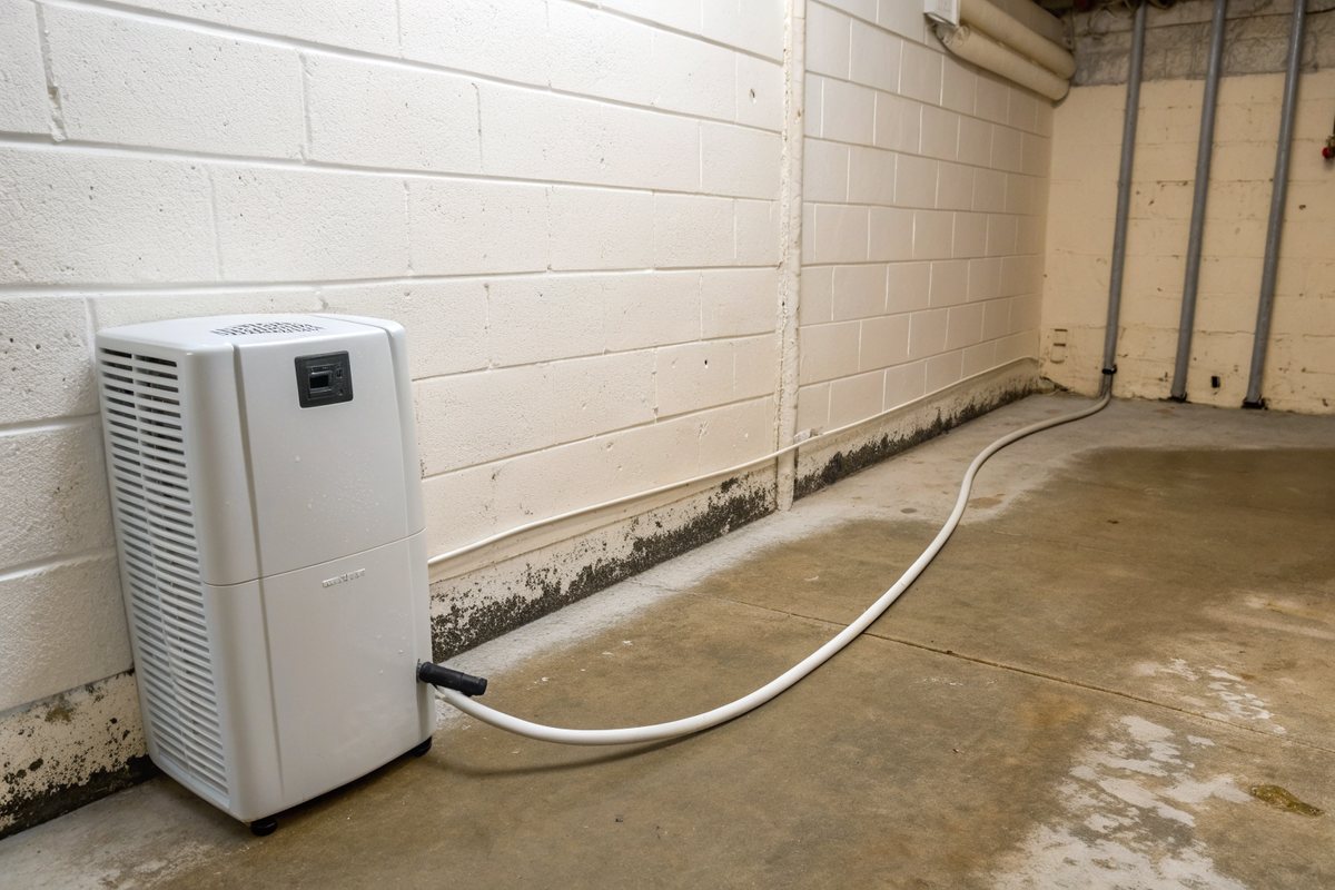 A white dehumidifier with a drain hose on a dry basement floor beside painted block walls