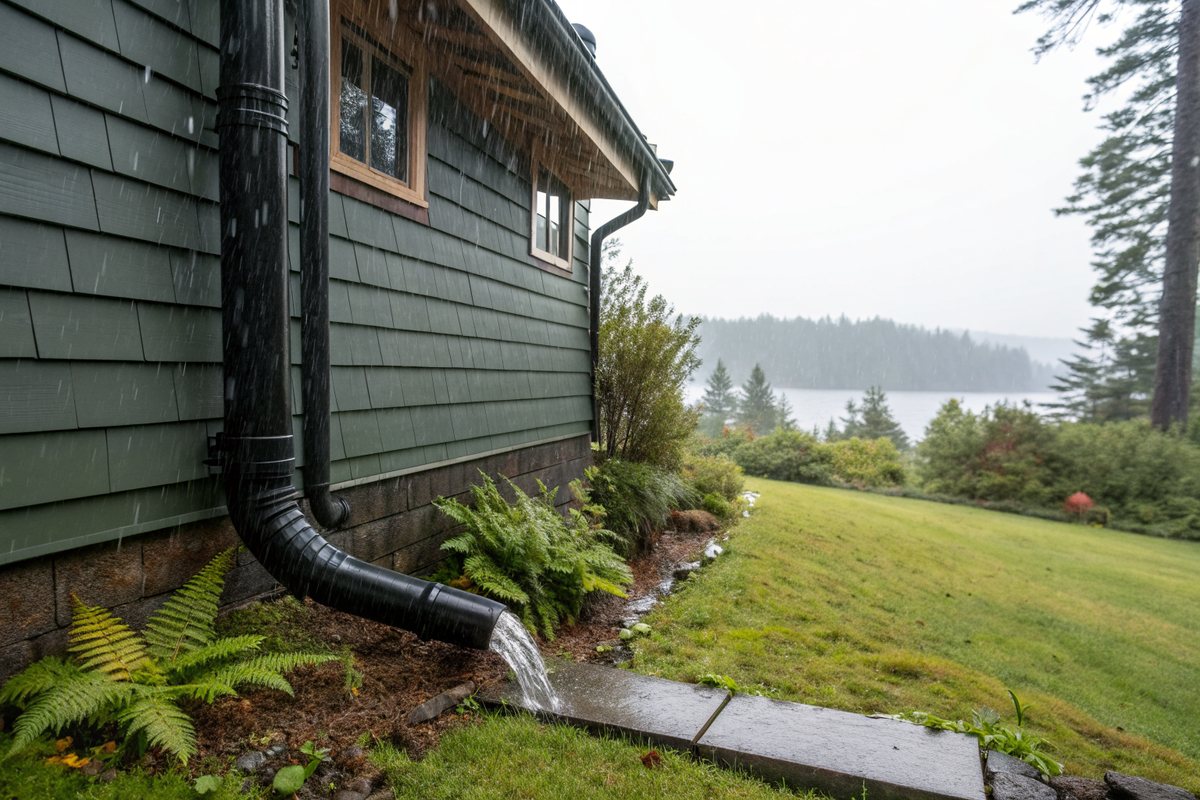 A black downspout on a green wood-sided house sending rainwater onto the lawn among ferns
