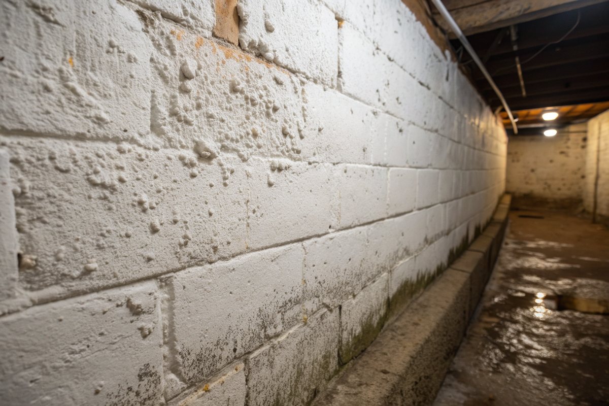 White chalky mineral deposits and damp staining along an old concrete basement wall