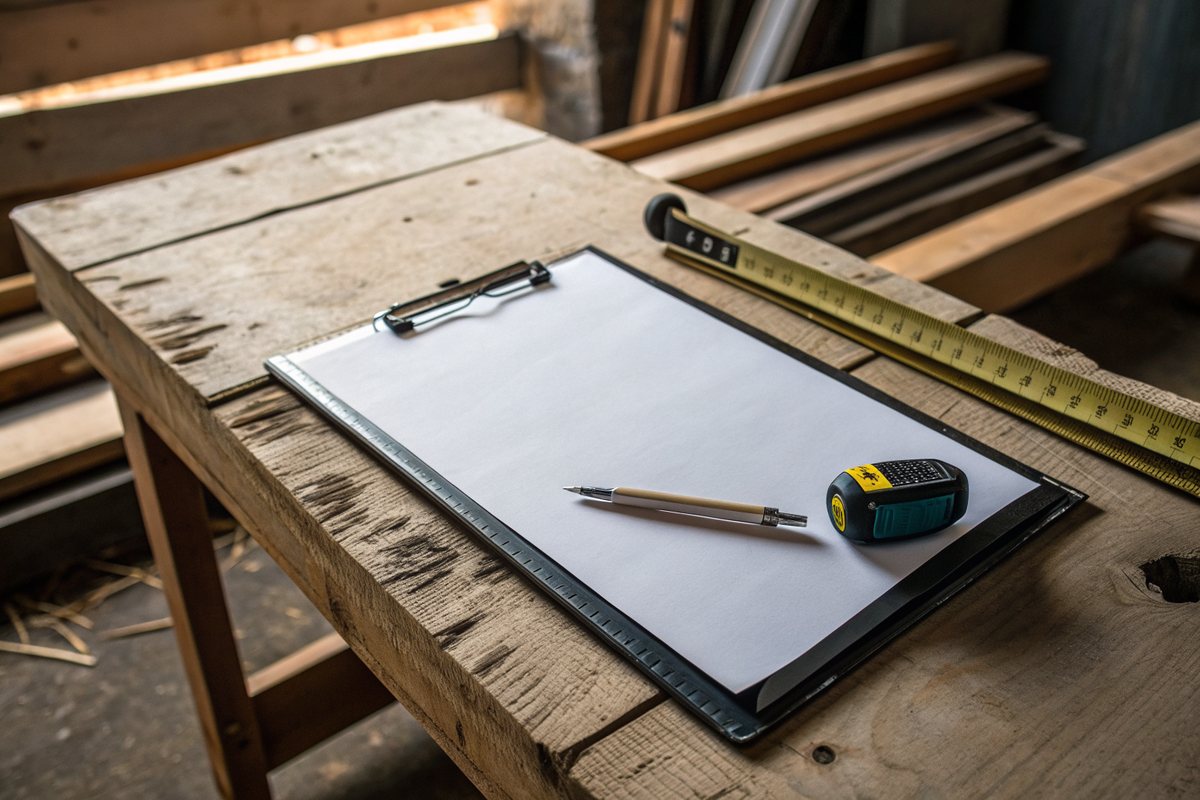 A blank clipboard, a pen and a tape measure on a wooden workbench