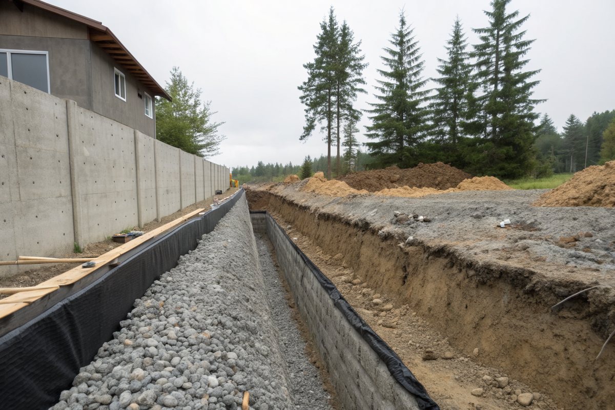 An open trench along a foundation wall wrapped in black waterproofing, with gravel and evergreens beside it