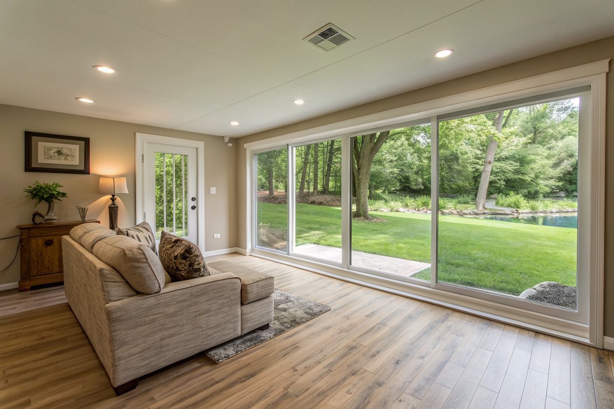 A bright finished daylight basement family room with a sofa and a wide window onto a green yard