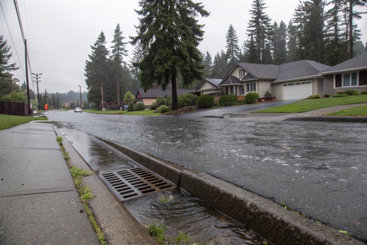 Rain running along the curb into a storm drain on a residential street lined with evergreens