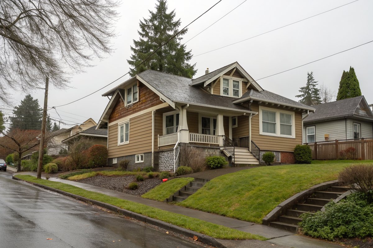 A Craftsman bungalow on a sloping Seattle street with a daylight basement level and small windows at grade