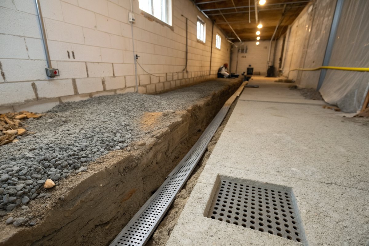 A trench cut into a basement floor along the wall, holding gravel and a perforated drain channel