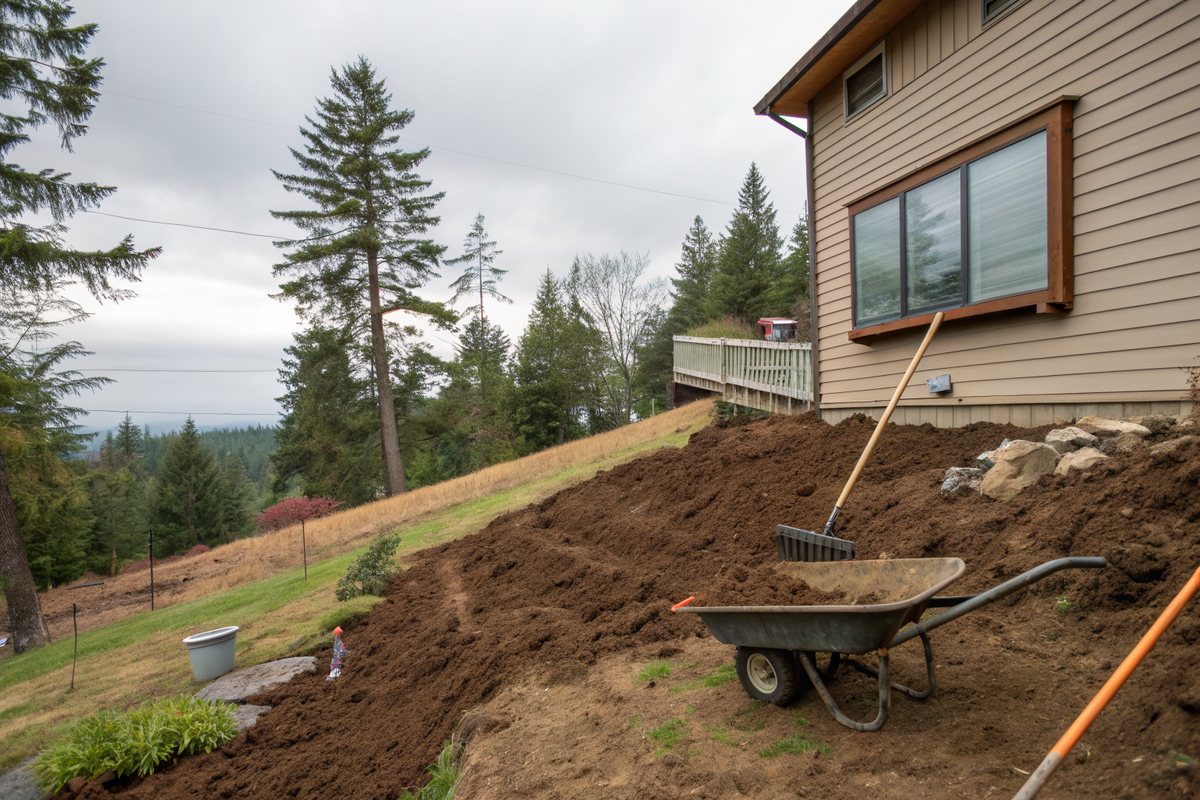 Fresh soil raked to slope away from a wood-sided house, with a wheelbarrow and evergreen trees behind