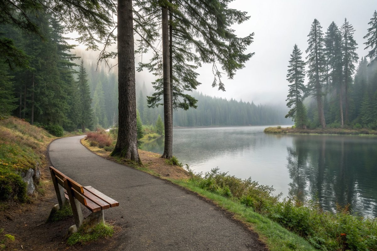 A paved lakeside trail with a bench under tall firs on a misty morning