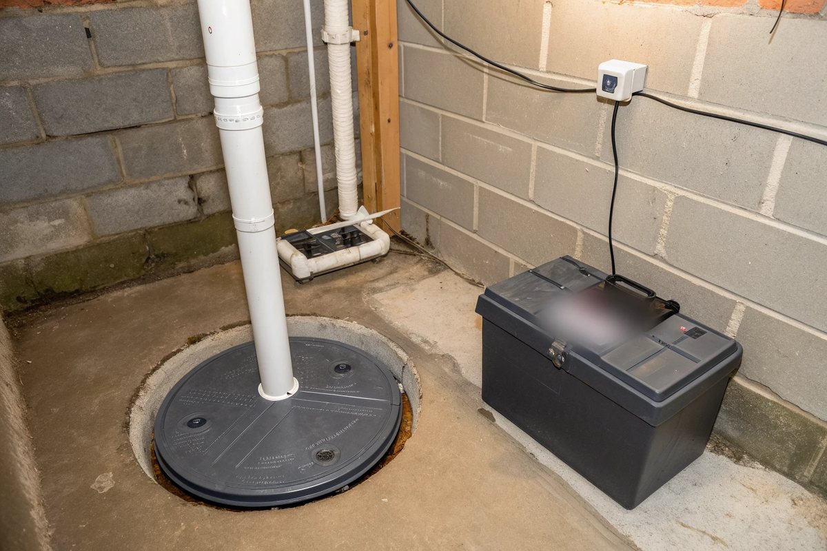 A covered sump pit with a white discharge pipe and a backup battery case on a basement floor