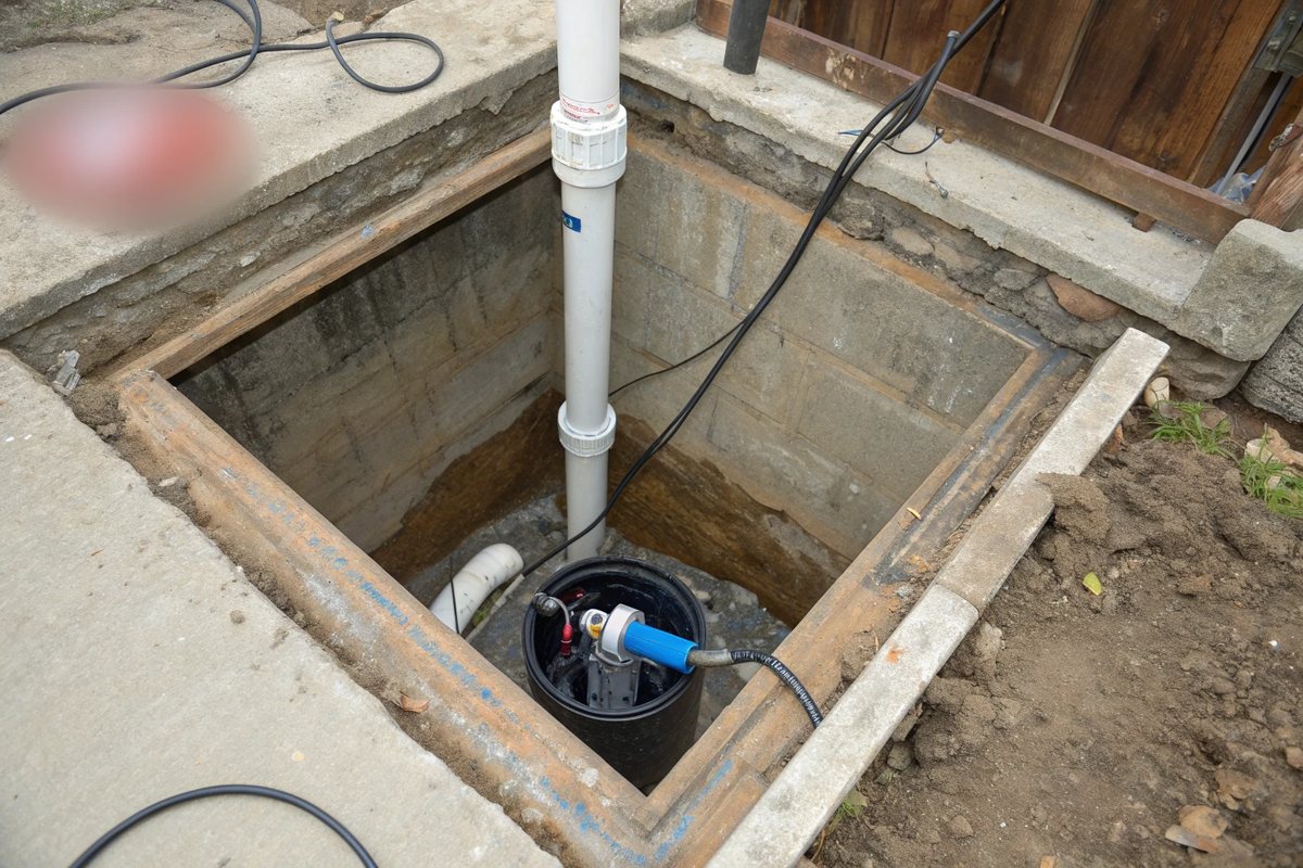 A submersible sump pump in a black basin at the bottom of a pit, with a white discharge pipe rising out
