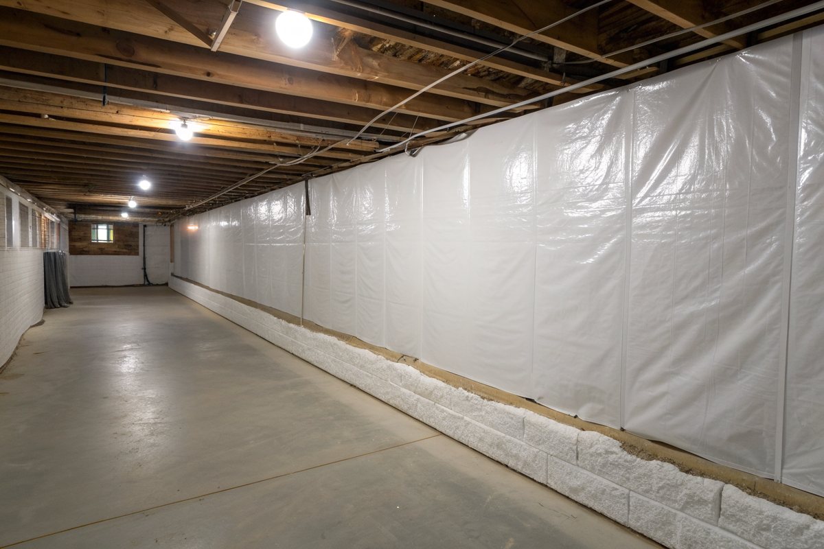 Heavy white plastic sheeting fastened along the walls of a long, clean basement