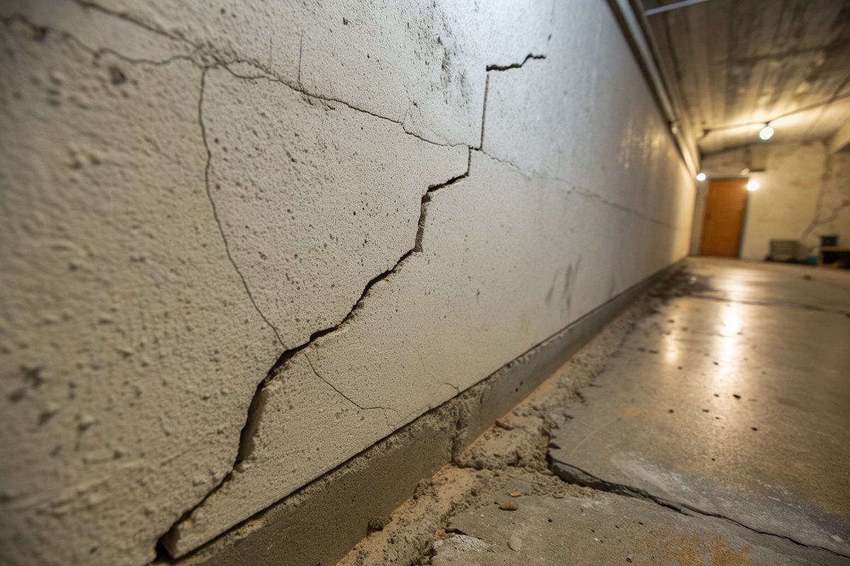 A diagonal crack running across a poured concrete basement wall with a faint damp streak below it