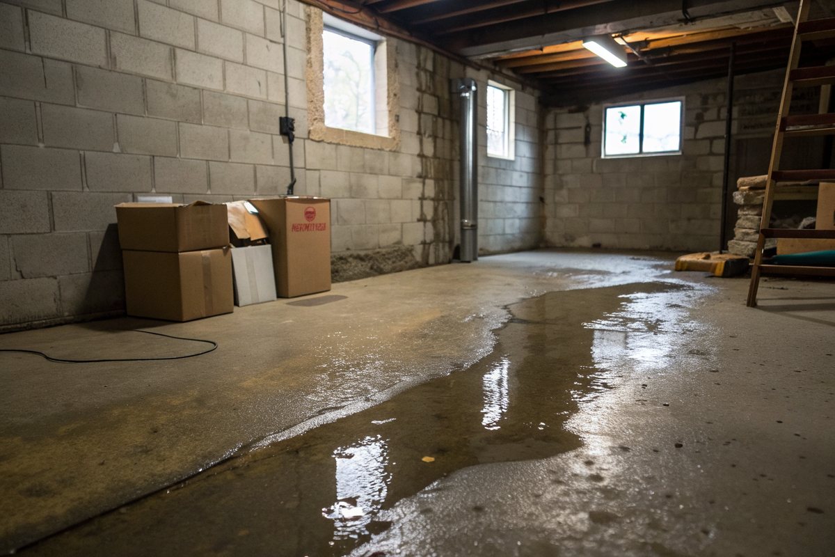 A shallow puddle spreading across an unfinished basement floor from the base of the wall, with boxes nearby