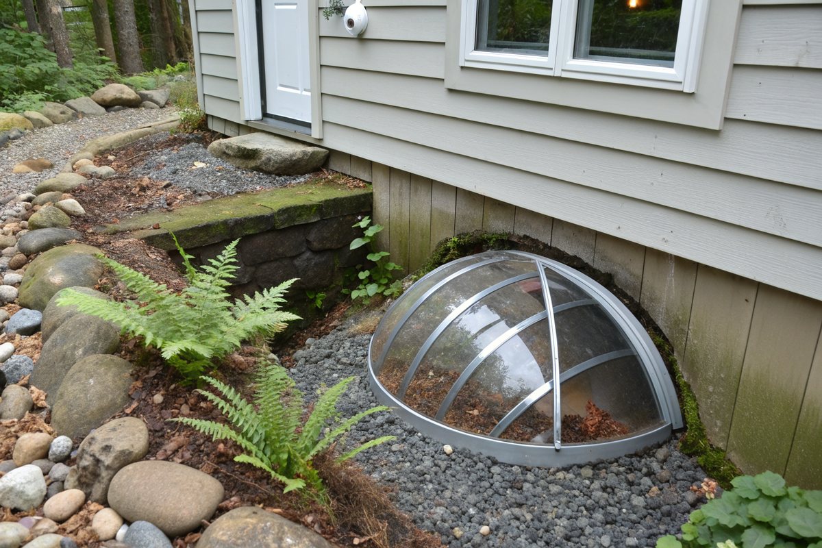 A basement window well with a clear dome cover, gravel and ferns beside a gray wood-sided house